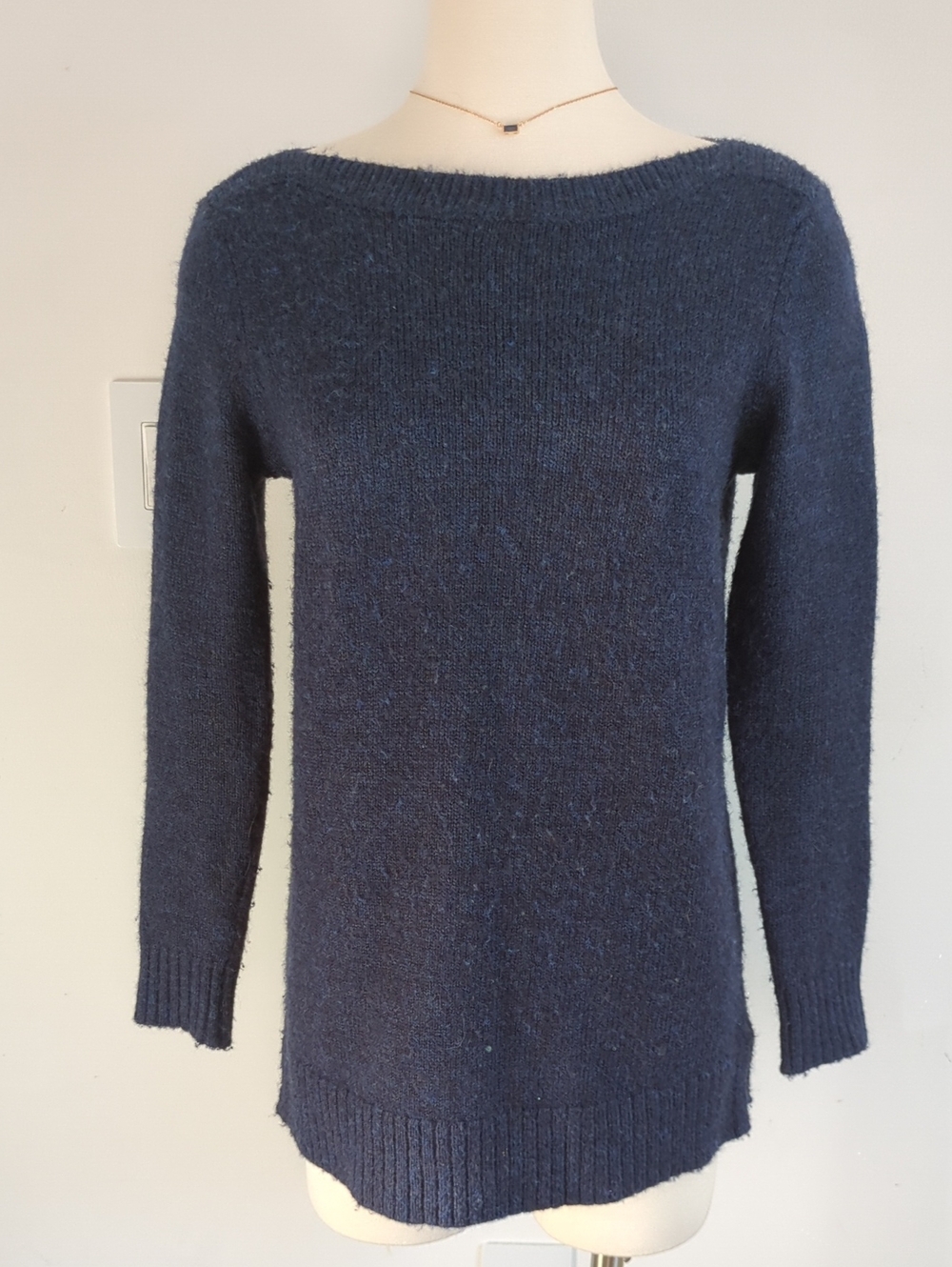 LOFT Navy Off-the-Shoulder Fuzzy Knit Sweater